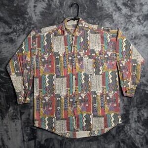 Vintage Thumbs Up Long Sleeve Button Up Shirt Size Medium Multi Pattern